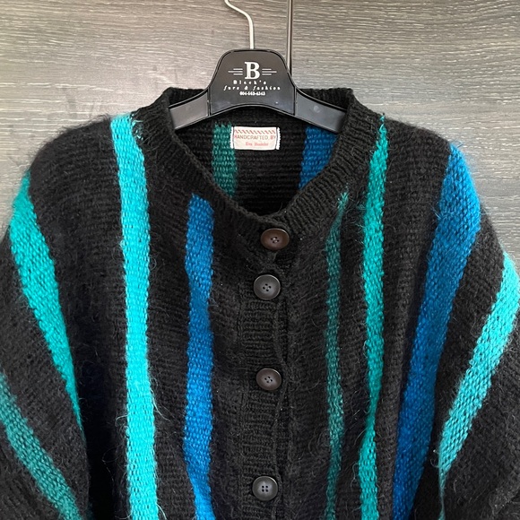 80’s Handknit Oversized Cardigan Mohair Wool & Nylon Balck with Blue XL-1X - Picture 2 of 10